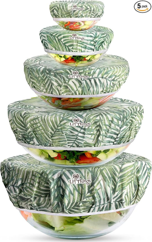 Li’l Things Beeswax Bowl Covers – Set of 5 (XS–XL) | Palm Leaves | Tropical Reusable Food Wraps | Organic Cotton, Beeswax, Washable & Plastic-Free Kitchen Storage Covers