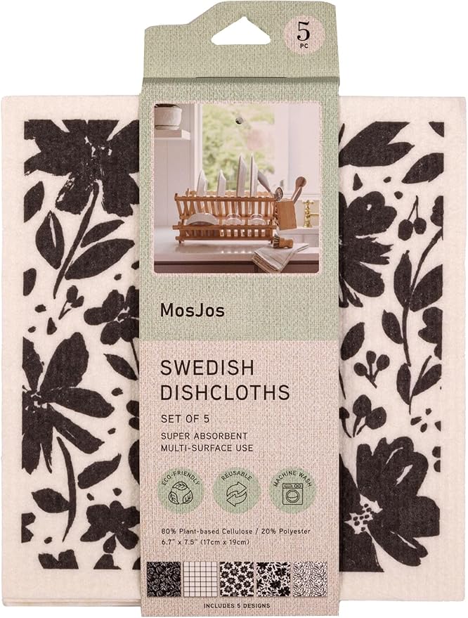MosJos Swedish Dishcloths, Vintage Plant-Based Cellulose, 6.7x7.5 Inch, Super Absorbent, Multi-Surface, Machine Washable, Reusable, 5 Pack (Brown White)