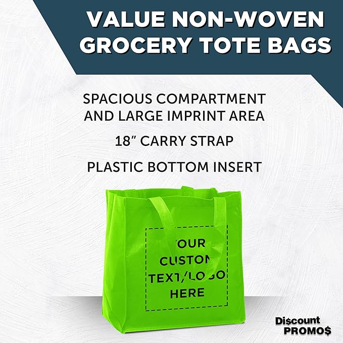 DISCOUNT PROMOS Custom Reusable Cloth Grocery Shopping Tote Bags Set of 10/50/100, Personalized Bulk Pack - Foldable, Washable, Shopper Bag - Lime Green