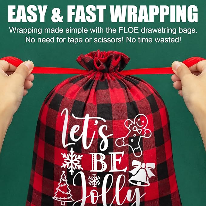 10 PCS Christmas Drawstring Gift Bags with Tags, Buffalo Plaid Xmas Gift Bags Assorted Sizes Bulk, Cotton Fabric Holiday Gift Bag Large Medium Small Wrapping Bag for Xmas Presents Decor Party Favors