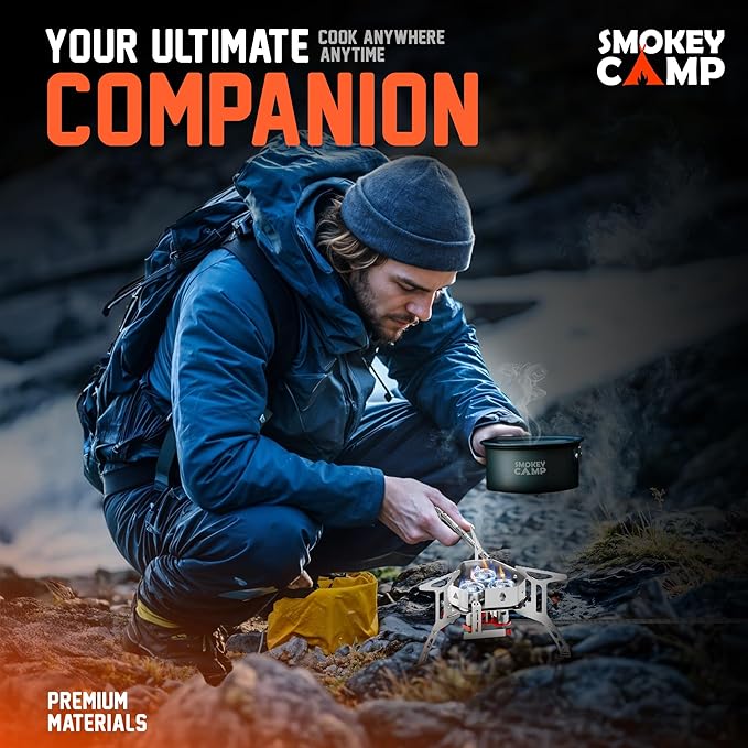 5000W Camping Stove, Backpacking Windproof Camp Stove with Piezo Ignition Carrying Case and 2 Additional Adapters, Compatable with Isobutane, Propane, Butane Tanks, Portable and Collapsible