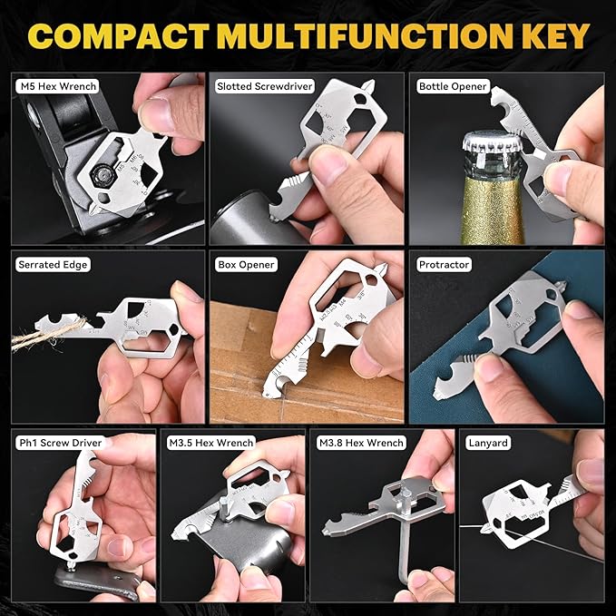 Key Shaped Pocket MultiTool 20-in1 Multi Tool, Stainless Steel Keychain Utility Gadget,Gift for Men, Women, Father,Groomsmen, Valentine's, Birthday, Christmas(Gold)