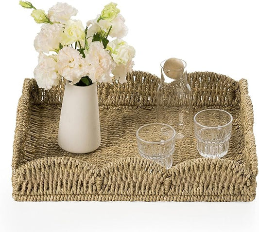 Wicker Tray, Handwoven Woven Tray with Handles and Scalloped Edge, Rectangle Wicker Basket for Home Decor and Organizing, 16.9" L x 12.9" W x 1.96" H
