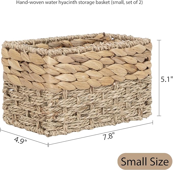 Handmade Water Hyacinth Storage Basket, Woven Basket Organizer with Inner Handles for Home & Office Decor (Small-2PCS)