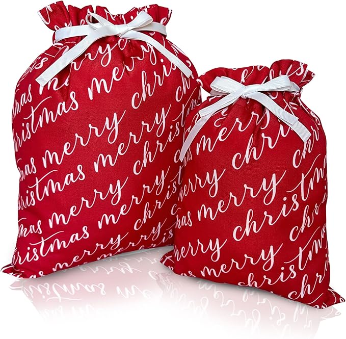 Gather & Knot Drawstring Christmas Gift Bags | 20" Large 16" Medium | Premium Canvas | Reusable Fabric Wrap for Holidays | Mix & Match | Red Merry Christmas