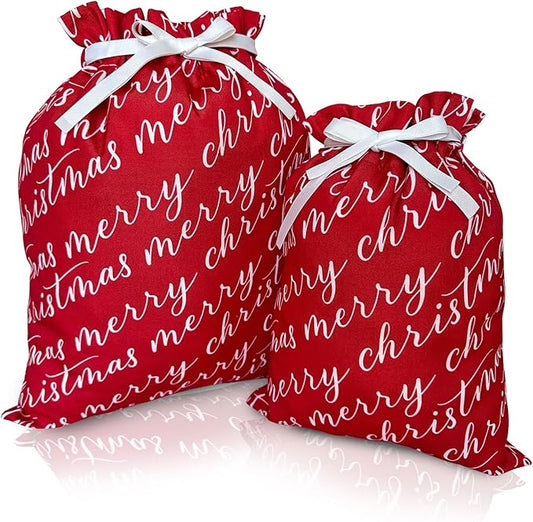 Gather & Knot Drawstring Christmas Gift Bags | 20" Large 16" Medium | Premium Canvas | Reusable Fabric Wrap for Holidays | Mix & Match | Red Merry Christmas