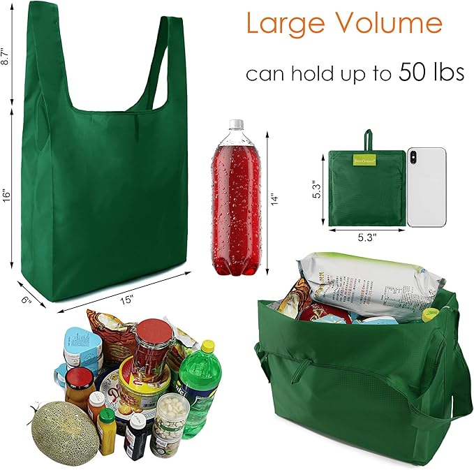 BeeGreen Christmas Green Reusable Shopping Bags Wholesale Reusable Grocery Bags Bulk with Elastic Band Foldable-Machine Washable with Zipper Storage Pouch 20 Pieces