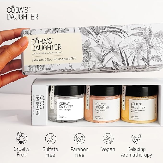 COBA'S DAUGHTER Luxury Spa Gift Set – 3-Piece Mini Body Scrub Trio with Honey Turmeric, Almond Orange & Aloe Vera – Travel Size Self-Care Gift for Holiday, Christmas, Birthday, Wedding Favor