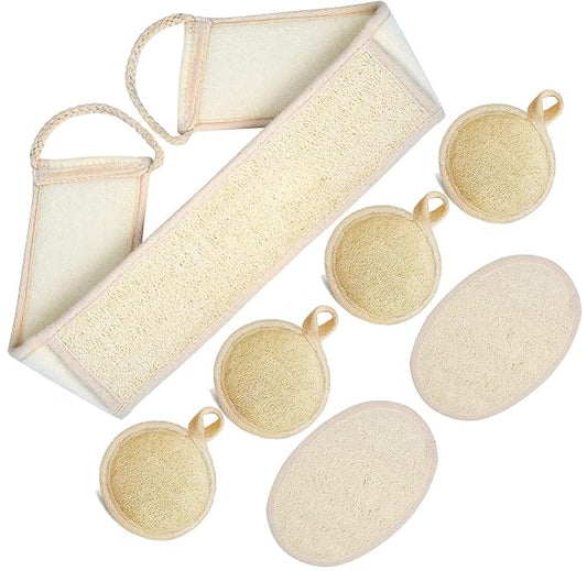 UCINNOVATE Natural Shower Loofah Eco-Friendly Egyptian Sponge 7 Packs, Exfoliating Loofah Sponge Face Pads Scrubber, Large Exfoliating Shower Loofa Body Scrubbers Buff Away Dead Skin for Smoother