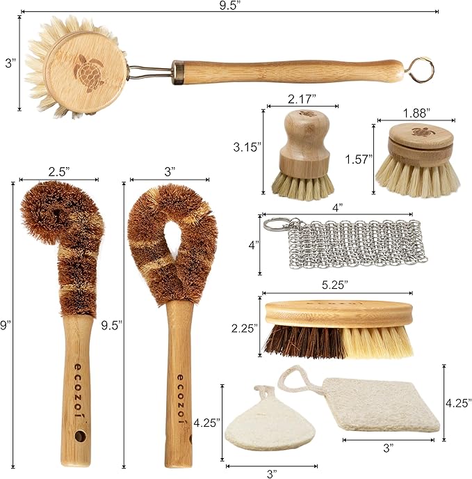 ecozoi Bamboo Dish Brush Set – 9 Piece Wooden Dish Brush for Dishes, Pots, Pans & Bottles – Eco Friendly Cleaning Set with Coconut & Sisal Bristles – Plastic-Free, Durable & Sustainable Kitchen Tools