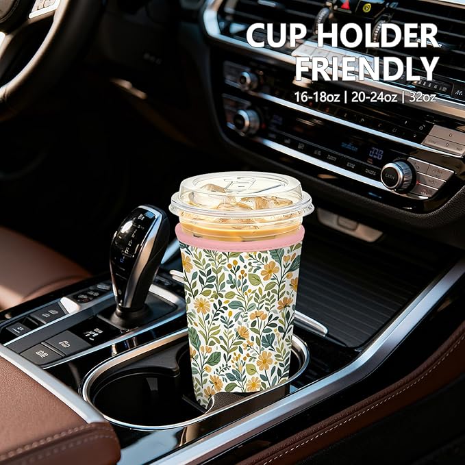 3 Pack Iced Coffee Sleeve, Reusable Insulated Neoprene Cup Sleeve for Cold & Hot Drinks Beverages, Cup Holder for 16-32oz Coffee Cups, Abstract Leaf