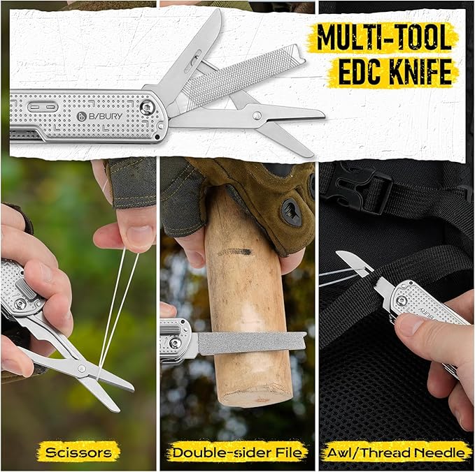 BIBURY Multitool Pocket Knife BI2056, Stainless Steel Multi Tool Knife with Clip, Folding Multitool EDC Knife with Magnetic Locking,Screwdriver,Large Scissors,Glass Breaker for Survival Camping Hiking