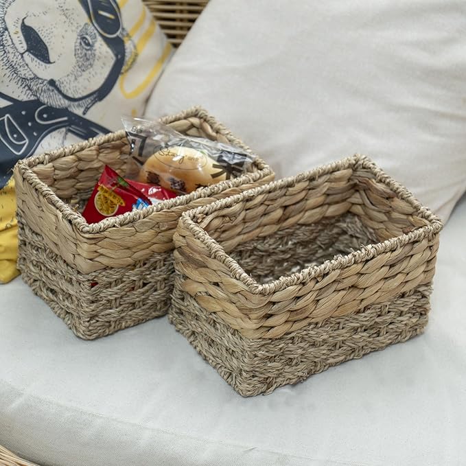 Handmade Water Hyacinth Storage Basket, Woven Basket Organizer with Inner Handles for Home & Office Decor (Small-2PCS)