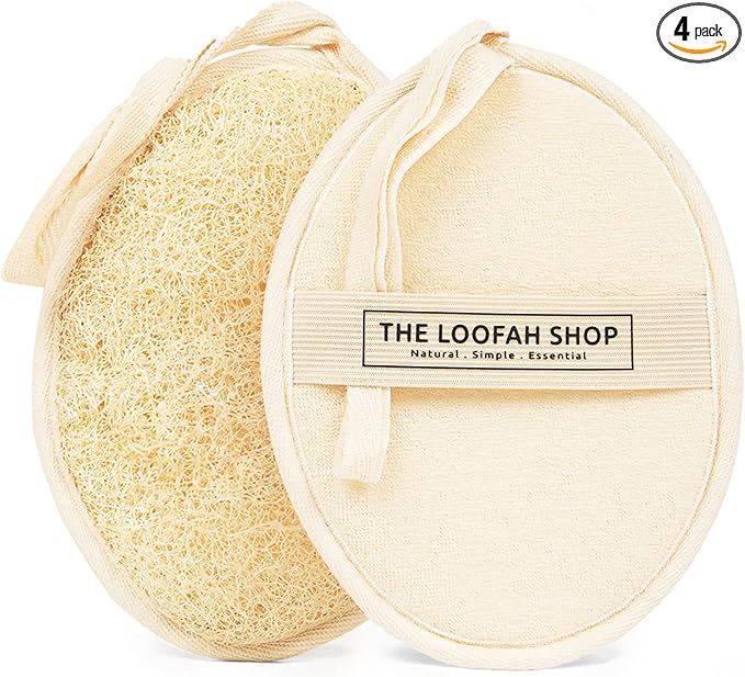 Bath Loofah Sponge, Exfoliating Body Scrubber, Shower Luffa for Men, Women and Kids Made of Eco-Friendly Natural Egyptian Loofah with Cotton Travel Pouch, 7" x 5.25" (2pack 4pcs)