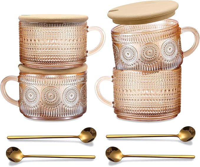 Amber Vintage Glass Coffee Mugs gifts for women, 14 Oz Set of 4 Embossed Glassware Tea Cups for Breakfast, Cappuccino, Latte, Yogurt, Christmas Mothers Day Gifts Coffee Bar Accessories