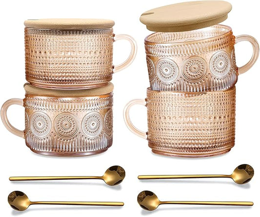 Amber Vintage Glass Coffee Mugs gifts for women, 14 Oz Set of 4 Embossed Glassware Tea Cups for Breakfast, Cappuccino, Latte, Yogurt, Christmas Mothers Day Gifts Coffee Bar Accessories