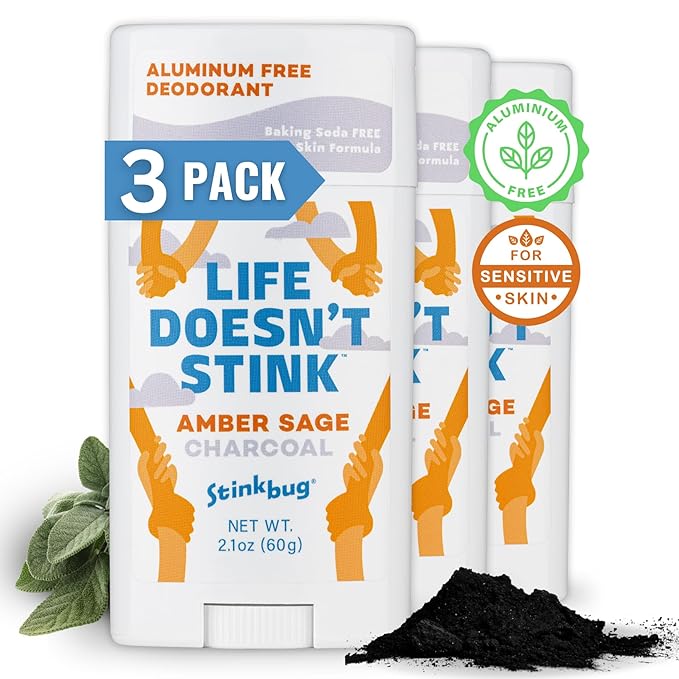 Stinkbug Naturals Organic Aluminum Free Deodorant Stick with Amber Sage, Coconut Oil and Activated Charcoal, Paraben Free, Sensitive Skin Deodorant, 2.1 Ounces Pack of 3