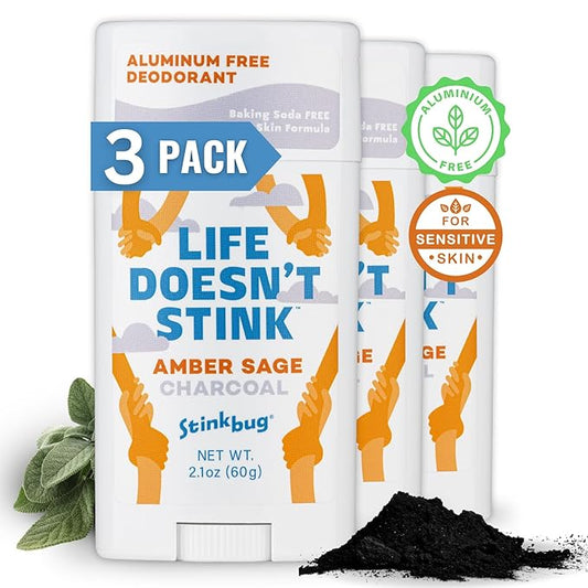 Stinkbug Naturals Organic Aluminum Free Deodorant Stick with Amber Sage, Coconut Oil and Activated Charcoal, Paraben Free, Sensitive Skin Deodorant, 2.1 Ounces Pack of 3