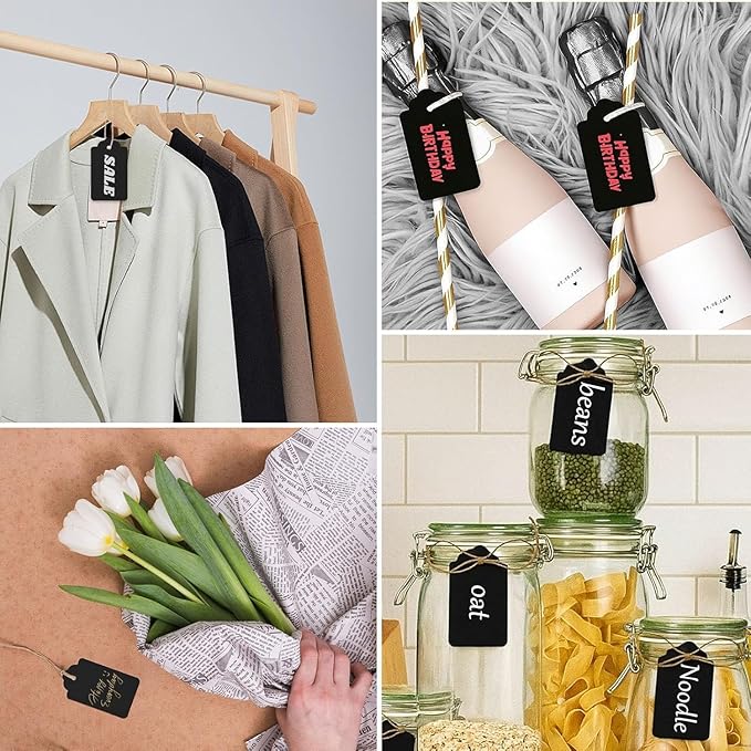 SallyFashion 100pcs Gift Tags with String Attached, 1.5 x 2.8 inch Black Gift Tags Paper Black Labels for Clothes DIY Crafts Wedding Holiday