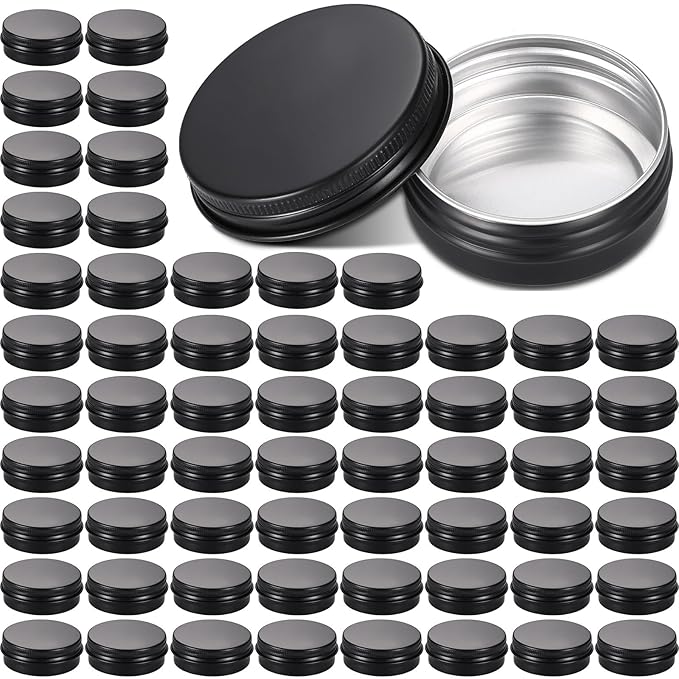 Patelai 64 Pieces Lip Balm Tin Containers Screw Top Round Tin Cans Aluminum Jar with Screw Lid, Empty Bottle Travel Cosmetic Sample Container for DIY(1 oz,Matte Black)