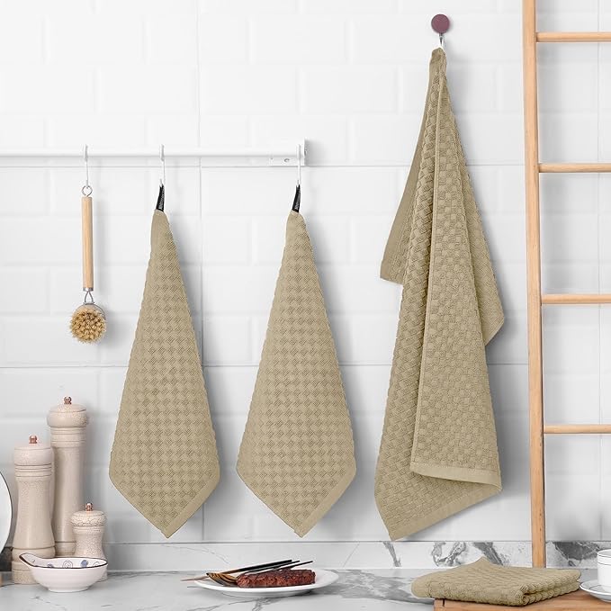 Fintale 100% Cotton Kitchen Towels and Dishcloths Set, 12 x 12 & 15 x 25 Inches, Set of 8 Bulk Super Soft and Absorbent Terry Cloth Dish Towels, Quick Drying Hand Towels with Hanging Loop, Tan