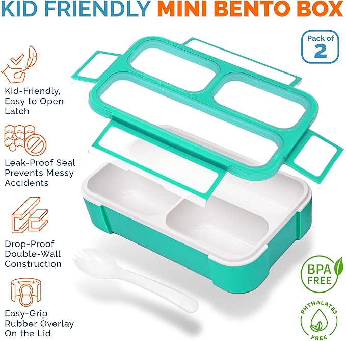 kinsho MINI Lunch-Box Snack Containers for Kids | SMALL Bento-Box Portion Container | Leak-proof Boxes for School Work Travel | Best for Adults Boys or Girls | Blue + Orange Set of 2