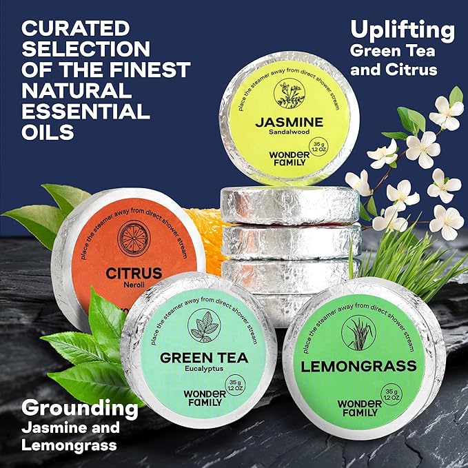 Aromatherapy Shower Steamers Gift Set for Women & Men – Green Tea, Jasmine, Lemongrass, Citrus – Essential Oil Vapor Shower Tablets, Individually Wrapped Shower Melts, Spa Gifts for Christmas
