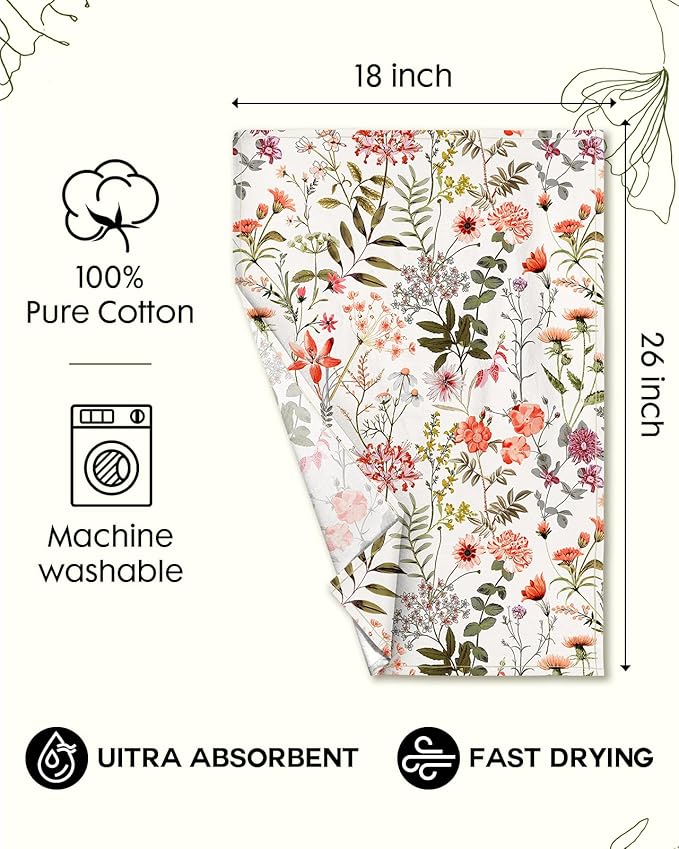 Flour Sack Kitchen Towels Set of 2-18x26 Cotton Dish Towels with Hanging Loop Reusable Tea Towel for Cleaning Spring Absorbent Dishcloths Cute Home Decor Housewarming, Flower Shrubs