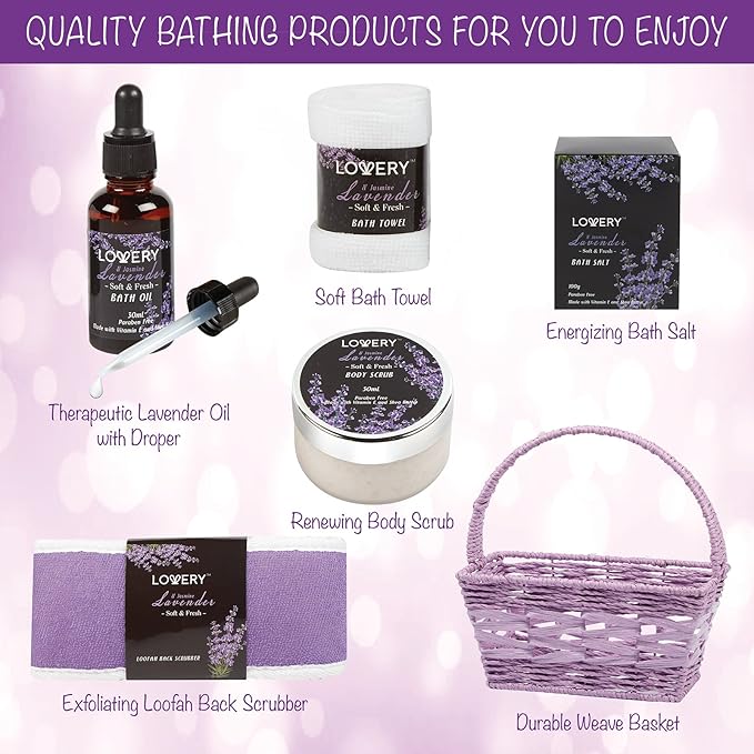 Christmas Gifts, Spa Gift Basket, Luxury 9 Piece Bath & Body Set For Women & Men,Lavender & Jasmine Scent With Shower Gel, Bubble Bath, Lotion, Bath Salt, Body Scrub,Massage Oil, Loofah & Basket