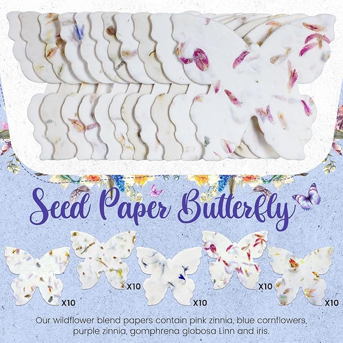 100 Pcs Handmade Seed Paper Plantable Wildflower Seed Paper Recycled Flower Petals Tags Wedding Favors for Guests Craft Gifts Cards for Envelope Birthday Party, 5 Styles (Heart/Butterfly)