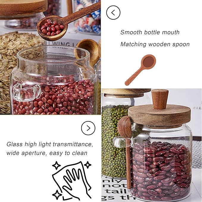 3PCS Spice Jars Overnight Oats Containers with Airtight Lid and Wooden Spoon,17 OZ Glass Food Storage Canisters, Glass Jars for Coffee Bean, Sugar, Dry Goods,Cookie,Candy,Cereal,Tea,Salt