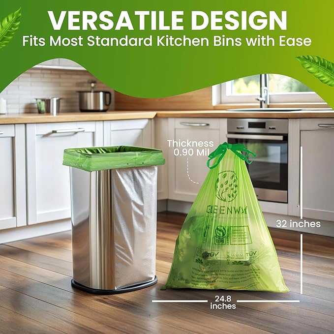 GREENWAY 13 Gallon Compostable Trash Bags Liners Drawstring, 50 Bags, Heavy Duty Extra Thick 0.90 Mil, Tall Kitchen Food Scrap Waste Bags, US BPI and Europe OK Compost Home Certified