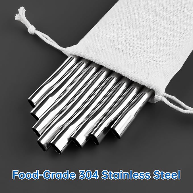 NiHome 8-Pack Anti-Wrinkle Flat Tip Stainless Steel Straws with 2 Brushes & Portable Storage Bag, 4 Lengths for 14oz 20oz 30oz 40oz Tumblers, Dishwasher Safe Lip-Friendly Reusable Drinking Straws