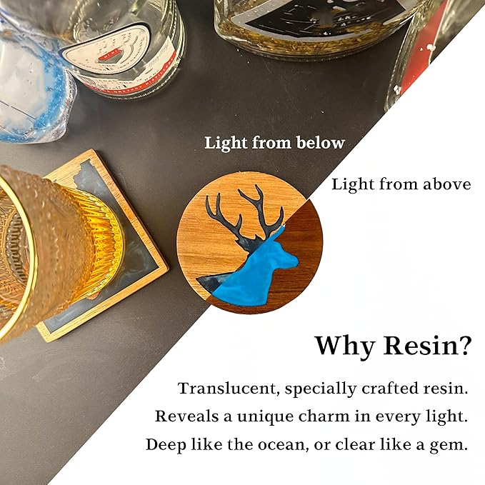 4Pcs Drink Coaster Set with Napkin Holder Conversion Base Acacia Wood with Unique Resin Animal Design for Kinds of Cups Tabletop Protection and Decor for Coffee Table Ideas for Gifts