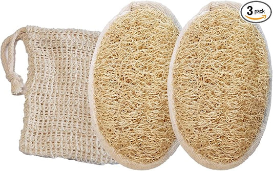 Natural Loofah Sponge Set with Soap Bag, Body Exfoliating Loofah Bath Scrubber for Shower, Shower Loofah for Women and Men, 3-pcs