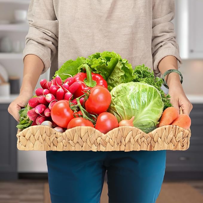 2Pcs - Scalloped Basket, Decorative Basket, Water Hyacinth Tray (17 x 13 x 3 inch - 2Pcs) with Scalloped Edge and Built-in Handles, Rectangle Serving/Woven/Basket/Seagrass Tray
