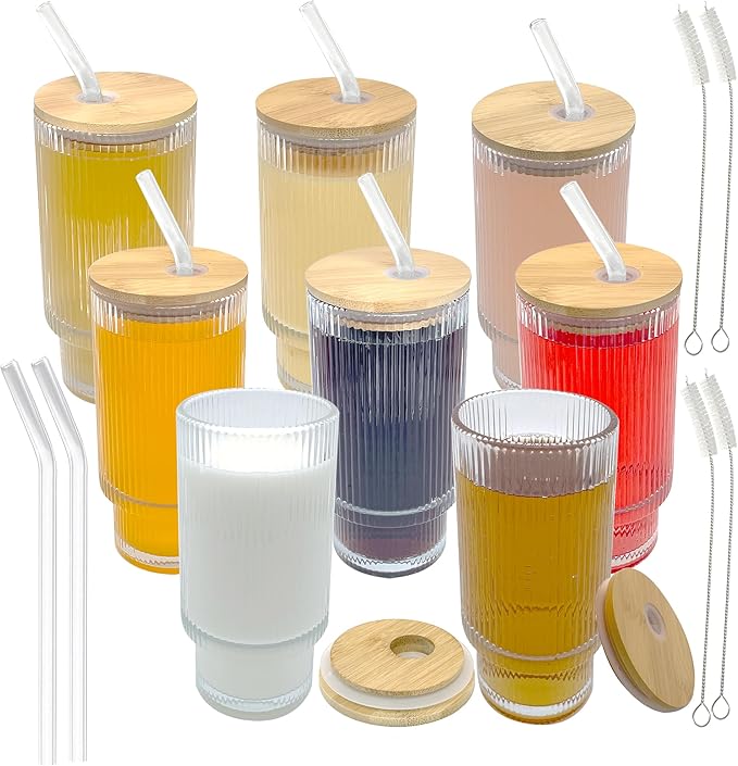 8-Pack Ribbed Glass Tumblers with Lids and Straws - 16oz Iced Coffee Cups, Reusable Glass Cups with Bamboo Lids Set for Tea, Matcha, Cocktails & Sparkling Water - Gift for Christmas, Birthdays