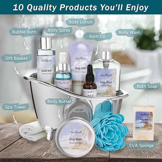 Spa Gift Baskets For Women - Luxury Bath Set With Ocean & Coconut - Spa Kit Includes Body Wash, Bubble Bath, Lotion, Body Butter, Soap, Body Spray, Shower Puff, and Towel