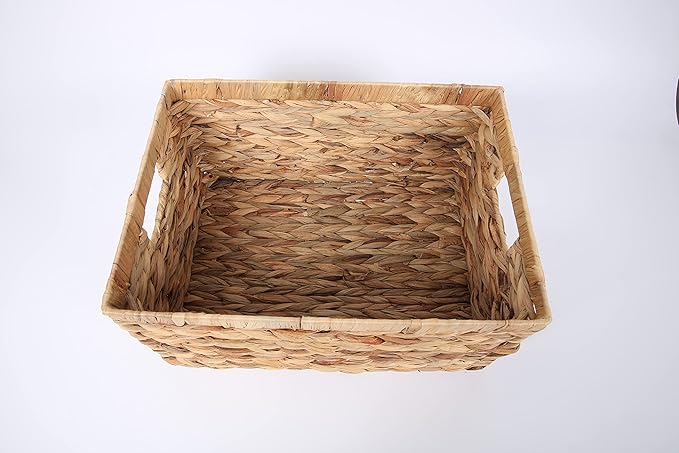 Rectangular Woven Water Hyacinth Storage Baskets with inside Handle for Shelves Bathroom Kitchen Office Desk (Style A)