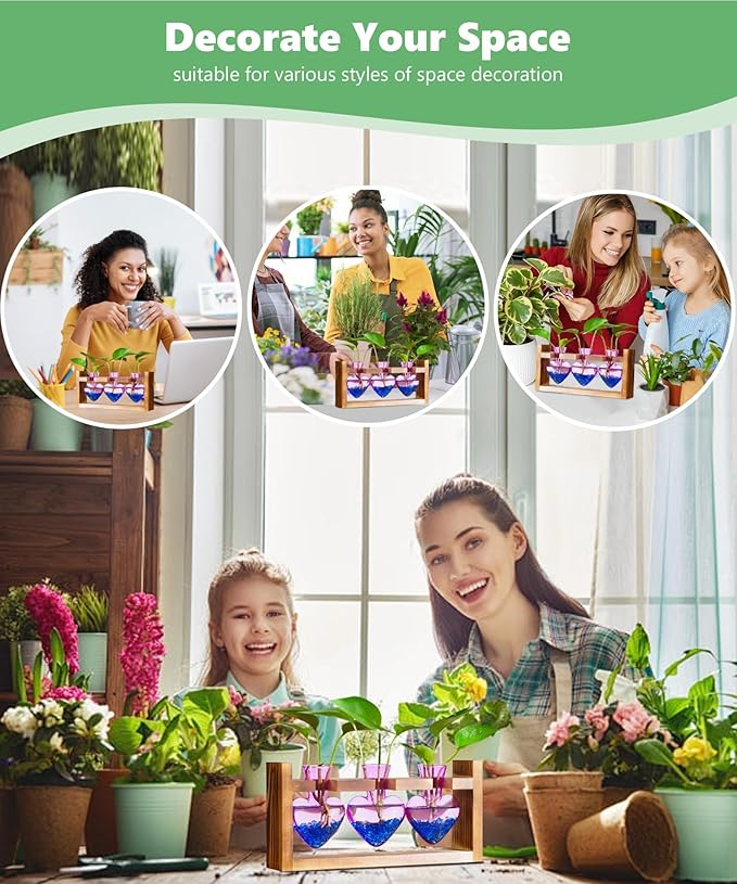 Nacome Plant Terrarium Propagation Stations: Air Planter 3 Bulb Glass Heart Shaped Vase with Wooden Stand for Hydroponics Home Office Decor - Christmas Gifts for Plant Lovers Women Mom Wife(Purple)