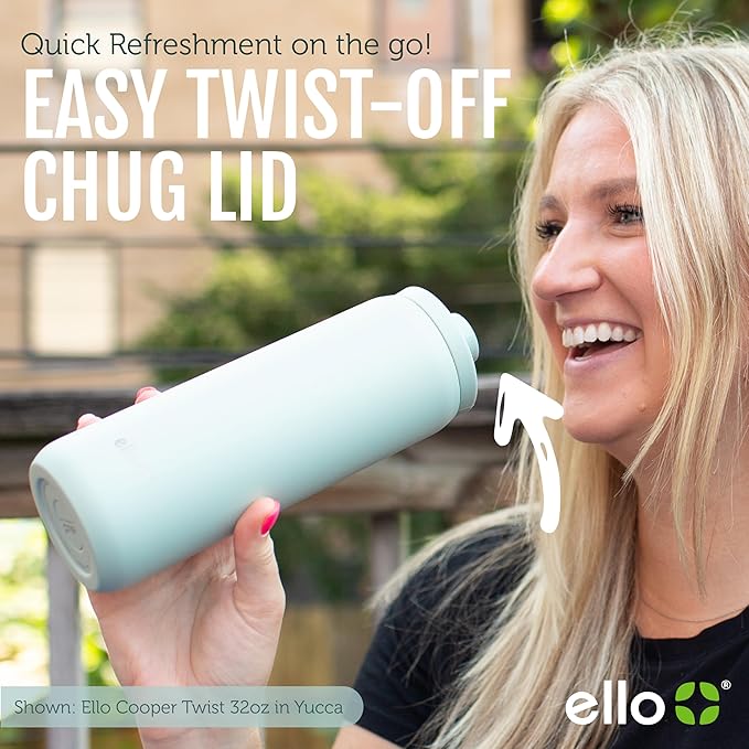 Ello Cooper Twist 22oz Stainless Steel Water Bottle with Chug Lid | Leak Proof Double Walled and Vacuum Insulated | Fits Car Cupholder | Built in Carry Loop | Dishwasher Safe | Halogen Blue