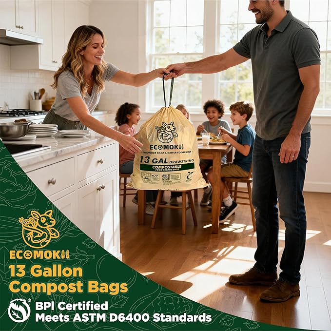 EcoMokii 13 Gallon Compostable Trash Bags with Drawstring, 30 Count, 49.2 Liter, 1.2 Mil Heavy Duty Extra Thick Large Kitchen Garbage Bin Liners, Compost Food Scraps Bag, BPI (ASTM D6400)