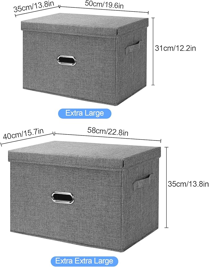 Large Linen Fabric Foldable Storage Bins with Removable Lid and Handles, Washable Storage Box Organizer Containers Baskets Cube with Cover for Bedroom,Closet,Office,Nursery (Khaki, XXL)
