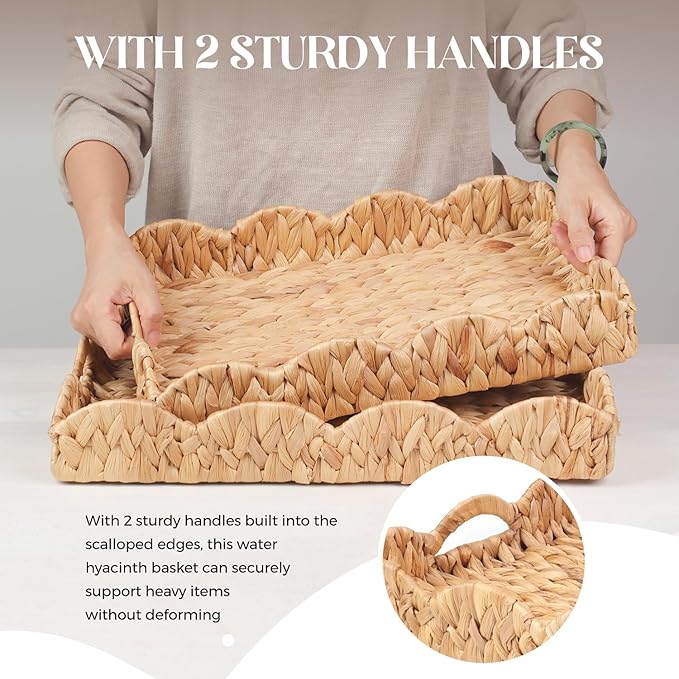 2Pcs - Scalloped Basket, Decorative Basket, Water Hyacinth Tray (17 x 13 x 3 inch - 2Pcs) with Scalloped Edge and Built-in Handles, Rectangle Serving/Woven/Basket/Seagrass Tray