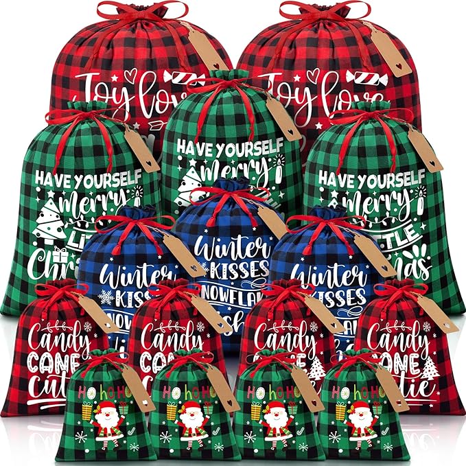 16 PCS Christmas Drawstring Gift Bags with Tags, Buffalo Plaid Large Xmas Gift Bags Assorted Sizes Bulk, Cotton Fabric Holiday Gift Bag Jumbo Medium Small Xmas Wrapping Bag for Presents Party Favors
