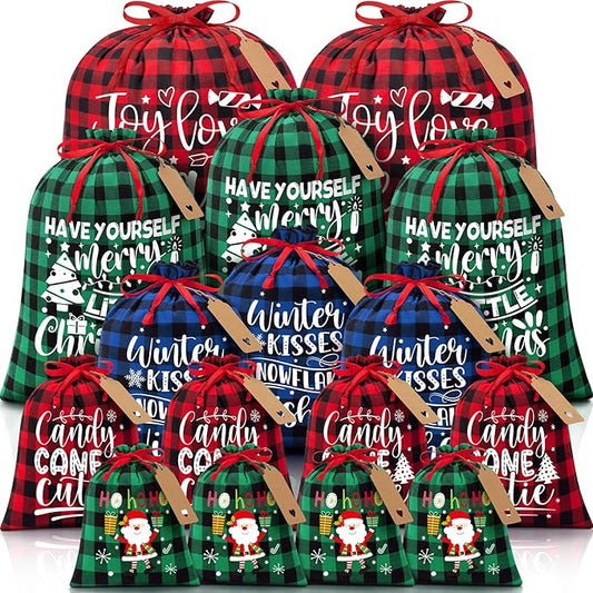16 PCS Christmas Drawstring Gift Bags with Tags, Buffalo Plaid Large Xmas Gift Bags Assorted Sizes Bulk, Cotton Fabric Holiday Gift Bag Jumbo Medium Small Xmas Wrapping Bag for Presents Party Favors