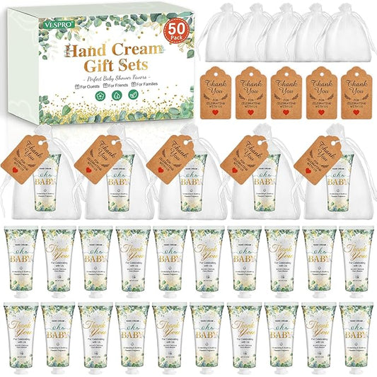VESPRO 50 Sets Baby Shower Hand Cream Bulk Gifts, Bridal Party Gifts and Wedding Favors for Guests with Thank You Card and Organza Gift Bags, Small Gifts for Women