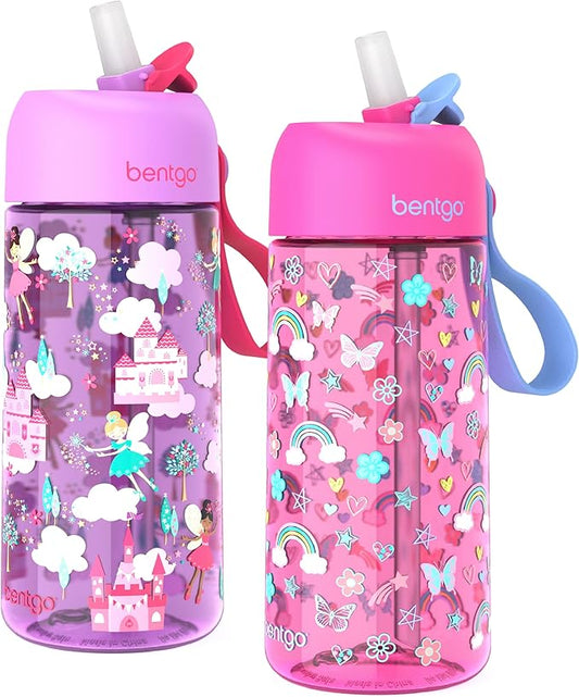 Bentgo Kids Water Bottle 2-Pack - Leak-Proof, Durable Tritan, BPA-Free 15 oz Cup for Kids/Toddlers 3+; Flip-Up Straw; Dishwasher Safe for School/Sports/Daycare/Camp (Rainbows & Butterflies/Fairies)
