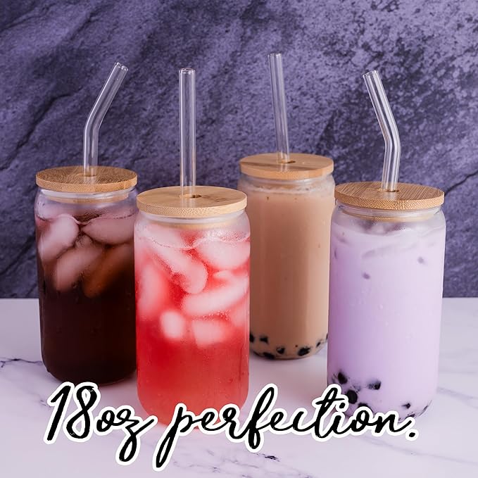 Drinking Glasses 18oz, with Bamboo Lids and Glass Straws, Set of 4, for Mixed Drinks, Cocktails, Beer, Iced Coffee/Tea, Fresh Juice, Smoothies, Parties/Gifts - Includes 2 Straw Cleaners (Clear)