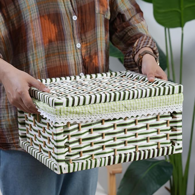 Paper Rope Storage Basket with Lid,Handmade Woven Rustic Green Shelf Basket for Organizing, Decor-Detachable & Washable Lining (Small)